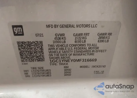 2021 Chevrolet Silverado 2500Hd 4Wd Standard Bed Lt z USA, uszkodzony, nr VIN 1GC1YNEY0MF316669